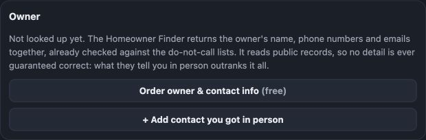 Actual QwikQuote Owner panel with Order owner and contact info and Add contact you got in person buttons